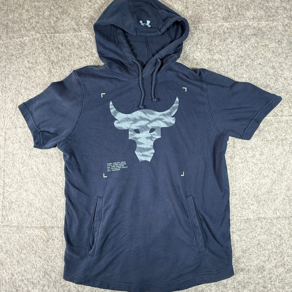 Under Armour Project Rock Hoodie Men Large Navy Blue Short Sleeve Brahma Bull